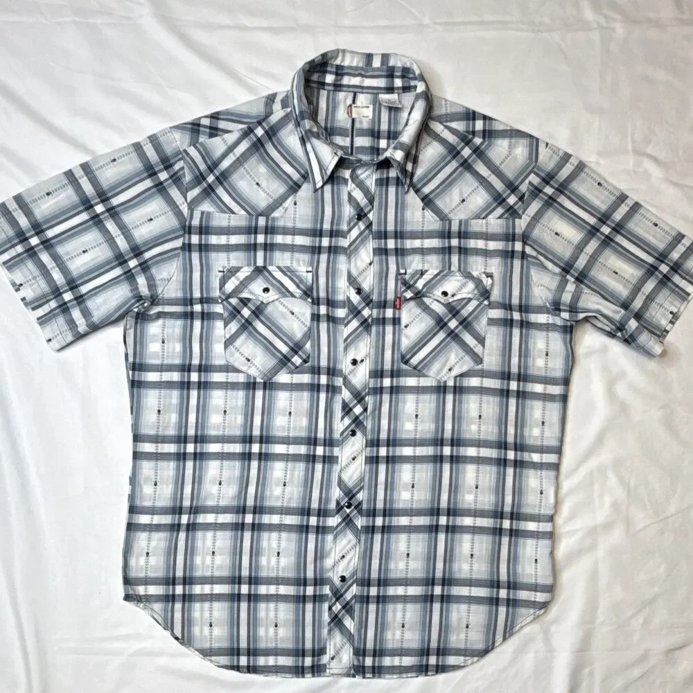Levi's Mens Blue White Plaid Short Sleeve Pearl Button-Up Shirt Skull Graphic L